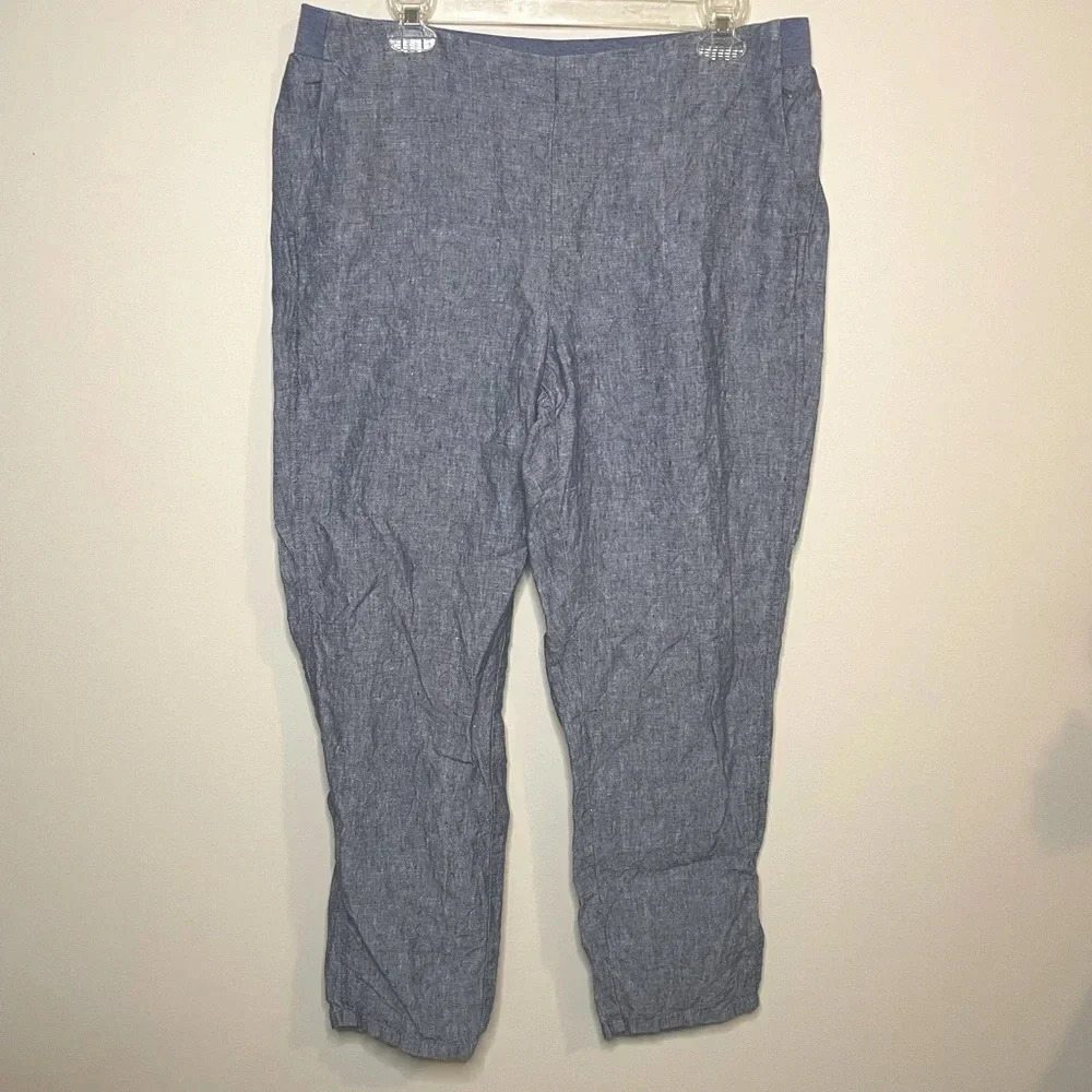 J. Jill Love Linen Blue Straight Leg Pull‎ On Cropped Pants
